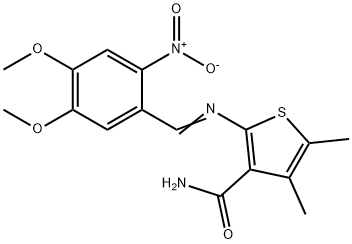 2-({2-nitro-4,5-dimethoxybenzylidene}amino)-4,5-dimethyl-3-thiophenecarboxamide Struktur