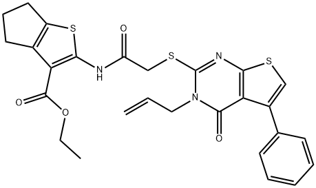 ethyl 2-({[(3-allyl-4-oxo-5-phenyl-3,4-dihydrothieno[2,3-d]pyrimidin-2-yl)sulfanyl]acetyl}amino)-5,6-dihydro-4H-cyclopenta[b]thiophene-3-carboxylate Struktur