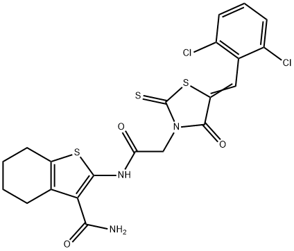 2-({[5-(2,6-dichlorobenzylidene)-4-oxo-2-thioxo-1,3-thiazolidin-3-yl]acetyl}amino)-4,5,6,7-tetrahydro-1-benzothiophene-3-carboxamide Struktur