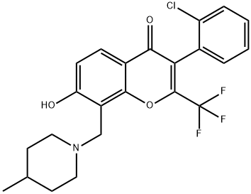 3-(2-chlorophenyl)-7-hydroxy-8-[(4-methyl-1-piperidinyl)methyl]-2-(trifluoromethyl)-4H-chromen-4-one Struktur