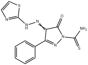 5-oxo-3-phenyl-4-(1,3-thiazol-2-ylhydrazono)-4,5-dihydro-1H-pyrazole-1-carbothioamide Struktur