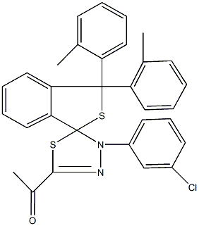 1-[1,1-bis(2-methylphenyl)-4'-(3-chlorophenyl)-1,3,4',5'-tetrahydrospiro(2-benzothiophene-3,5'-[1,3,4]-thiadiazole)-2-yl]ethanone Struktur