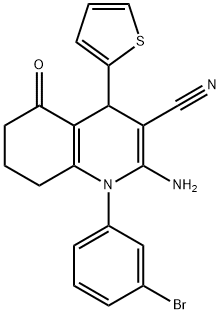 2-amino-1-(3-bromophenyl)-5-oxo-4-(2-thienyl)-1,4,5,6,7,8-hexahydro-3-quinolinecarbonitrile Struktur