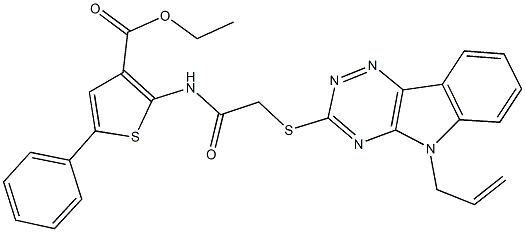 ethyl 2-({[(5-allyl-5H-[1,2,4]triazino[5,6-b]indol-3-yl)sulfanyl]acetyl}amino)-5-phenyl-3-thiophenecarboxylate Struktur