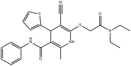 5-cyano-6-{[2-(diethylamino)-2-oxoethyl]sulfanyl}-2-methyl-N-phenyl-4-(2-thienyl)-1,4-dihydro-3-pyridinecarboxamide Struktur