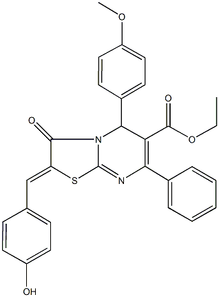 ethyl 2-(4-hydroxybenzylidene)-5-(4-methoxyphenyl)-3-oxo-7-phenyl-2,3-dihydro-5H-[1,3]thiazolo[3,2-a]pyrimidine-6-carboxylate Struktur