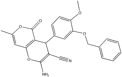 2-amino-4-[3-(benzyloxy)-4-methoxyphenyl]-7-methyl-5-oxo-4H,5H-pyrano[4,3-b]pyran-3-carbonitrile Struktur