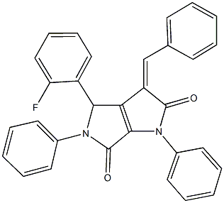 3-benzylidene-4-(2-fluorophenyl)-1,5-diphenyl-1,3,4,5-tetrahydropyrrolo[3,4-b]pyrrole-2,6-dione Struktur