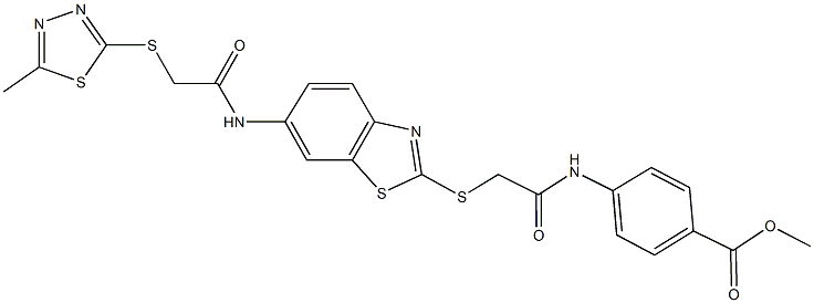 methyl 4-[({[6-({[(5-methyl-1,3,4-thiadiazol-2-yl)sulfanyl]acetyl}amino)-1,3-benzothiazol-2-yl]sulfanyl}acetyl)amino]benzoate Struktur