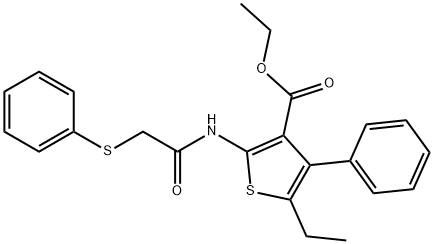 ethyl 5-ethyl-4-phenyl-2-{[(phenylsulfanyl)acetyl]amino}-3-thiophenecarboxylate Struktur