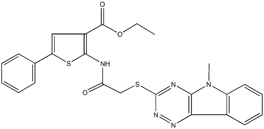 ethyl 2-({[(5-methyl-5H-[1,2,4]triazino[5,6-b]indol-3-yl)sulfanyl]acetyl}amino)-5-phenyl-3-thiophenecarboxylate Struktur