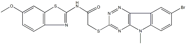 2-[(8-bromo-5-methyl-5H-[1,2,4]triazino[5,6-b]indol-3-yl)sulfanyl]-N-(6-methoxy-1,3-benzothiazol-2-yl)acetamide Struktur