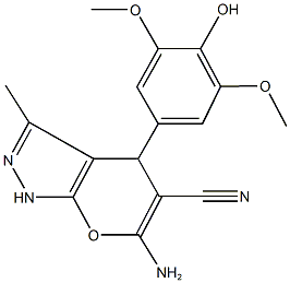 6-amino-4-(4-hydroxy-3,5-dimethoxyphenyl)-3-methyl-1,4-dihydropyrano[2,3-c]pyrazole-5-carbonitrile Struktur