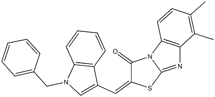 2-[(1-benzyl-1H-indol-3-yl)methylene]-7,8-dimethyl[1,3]thiazolo[3,2-a]benzimidazol-3(2H)-one Struktur