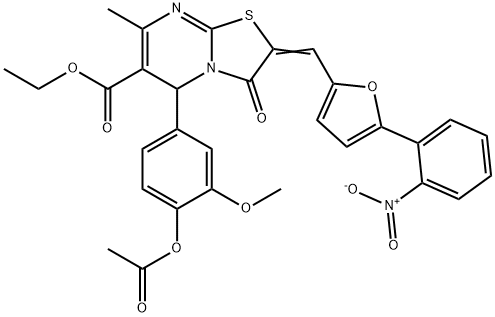 ethyl 5-[4-(acetyloxy)-3-methoxyphenyl]-2-[(5-{2-nitrophenyl}-2-furyl)methylene]-7-methyl-3-oxo-2,3-dihydro-5H-[1,3]thiazolo[3,2-a]pyrimidine-6-carboxylate Struktur