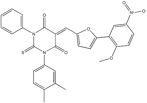 1-(3,4-dimethylphenyl)-5-[(5-{5-nitro-2-methoxyphenyl}-2-furyl)methylene]-3-phenyl-2-thioxodihydro-4,6(1H,5H)-pyrimidinedione Struktur