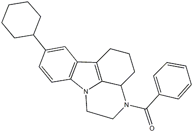 3-benzoyl-8-cyclohexyl-2,3,3a,4,5,6-hexahydro-1H-pyrazino[3,2,1-jk]carbazole Struktur