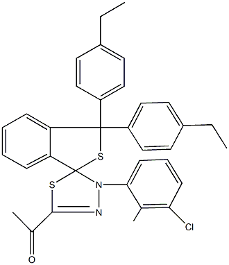 1-[4'-(3-chloro-2-methylphenyl)-1,1-bis(4-ethylphenyl)-1,3,4',5'-tetrahydrospiro(2-benzothiophene-3,5'-[1,3,4]-thiadiazole)-2-yl]ethanone Struktur