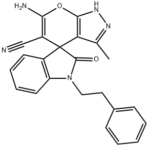 6-amino-5-cyano-3-methyl-2'-oxo-1'-phenethyl-1,1',3'4-tetrahydrospiro[pyrano[2,3-c]pyrazole-4,3'-(2'H)-indole] Struktur