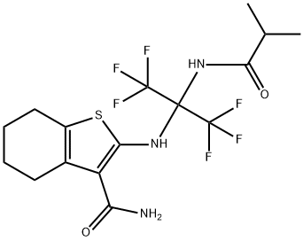 2-{[2,2,2-trifluoro-1-(isobutyrylamino)-1-(trifluoromethyl)ethyl]amino}-4,5,6,7-tetrahydro-1-benzothiophene-3-carboxamide Struktur