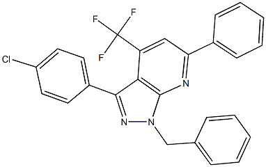 1-benzyl-3-(4-chlorophenyl)-6-phenyl-4-(trifluoromethyl)-1H-pyrazolo[3,4-b]pyridine Struktur