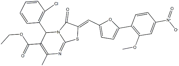 ethyl 5-(2-chlorophenyl)-2-[(5-{4-nitro-2-methoxyphenyl}-2-furyl)methylene]-7-methyl-3-oxo-2,3-dihydro-5H-[1,3]thiazolo[3,2-a]pyrimidine-6-carboxylate Struktur