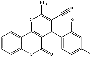 2-amino-4-(2-bromo-4-fluorophenyl)-5-oxo-4H,5H-pyrano[3,2-c]chromene-3-carbonitrile Struktur