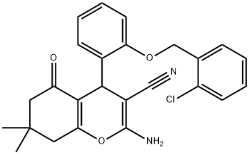 2-amino-4-{2-[(2-chlorobenzyl)oxy]phenyl}-7,7-dimethyl-5-oxo-5,6,7,8-tetrahydro-4H-chromene-3-carbonitrile Struktur