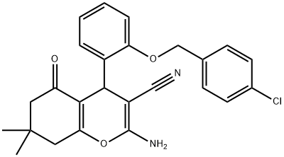 2-amino-4-{2-[(4-chlorobenzyl)oxy]phenyl}-7,7-dimethyl-5-oxo-5,6,7,8-tetrahydro-4H-chromene-3-carbonitrile Struktur