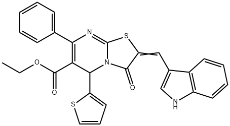 ethyl 2-(1H-indol-3-ylmethylene)-3-oxo-7-phenyl-5-(2-thienyl)-2,3-dihydro-5H-[1,3]thiazolo[3,2-a]pyrimidine-6-carboxylate Struktur