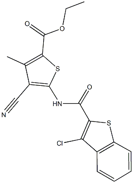 ethyl 5-{[(3-chloro-1-benzothien-2-yl)carbonyl]amino}-4-cyano-3-methyl-2-thiophenecarboxylate Struktur