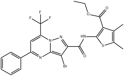 ethyl 2-({[3-bromo-5-phenyl-7-(trifluoromethyl)pyrazolo[1,5-a]pyrimidin-2-yl]carbonyl}amino)-4,5-dimethyl-3-thiophenecarboxylate Struktur