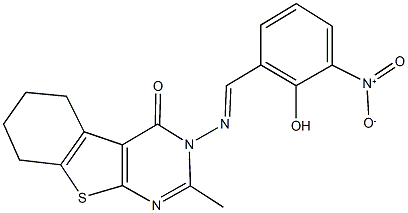 3-({2-hydroxy-3-nitrobenzylidene}amino)-2-methyl-5,6,7,8-tetrahydro[1]benzothieno[2,3-d]pyrimidin-4(3H)-one Struktur