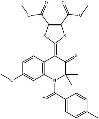 dimethyl 2-(7-methoxy-2,2-dimethyl-1-(4-methylbenzoyl)-3-thioxo-2,3-dihydro-4(1H)-quinolinylidene)-1,3-dithiole-4,5-dicarboxylate Struktur