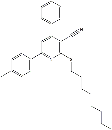 6-(4-methylphenyl)-2-(octylsulfanyl)-4-phenylnicotinonitrile Struktur