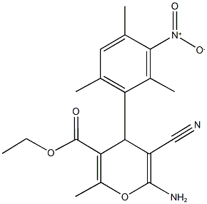 ethyl 6-amino-5-cyano-4-{3-nitro-2,4,6-trimethylphenyl}-2-methyl-4H-pyran-3-carboxylate Struktur