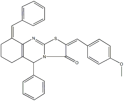 9-benzylidene-2-(4-methoxybenzylidene)-5-phenyl-6,7,8,9-tetrahydro-5H-[1,3]thiazolo[2,3-b]quinazolin-3(2H)-one Struktur