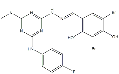 3,5-dibromo-2,4-dihydroxybenzaldehyde [4-(dimethylamino)-6-(4-fluoroanilino)-1,3,5-triazin-2-yl]hydrazone Struktur