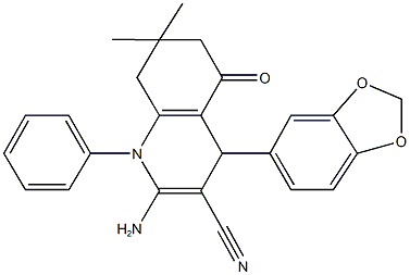 2-amino-4-(1,3-benzodioxol-5-yl)-7,7-dimethyl-5-oxo-1-phenyl-1,4,5,6,7,8-hexahydro-3-quinolinecarbonitrile Struktur