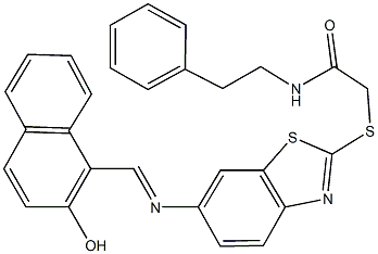 2-[(6-{[(2-hydroxy-1-naphthyl)methylene]amino}-1,3-benzothiazol-2-yl)sulfanyl]-N-(2-phenylethyl)acetamide Struktur