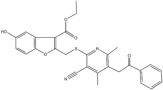 ethyl 2-({[3-cyano-4,6-dimethyl-5-(2-oxo-2-phenylethyl)-2-pyridinyl]sulfanyl}methyl)-5-hydroxy-1-benzofuran-3-carboxylate Struktur