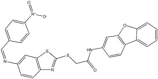 N-dibenzo[b,d]furan-3-yl-2-{[6-({4-nitrobenzylidene}amino)-1,3-benzothiazol-2-yl]sulfanyl}acetamide Struktur