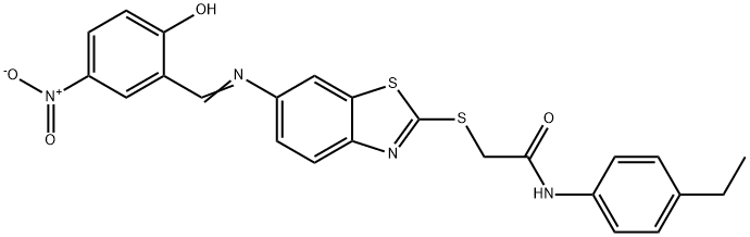 N-(4-ethylphenyl)-2-{[6-({2-hydroxy-5-nitrobenzylidene}amino)-1,3-benzothiazol-2-yl]sulfanyl}acetamide Struktur