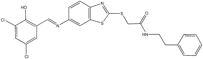 2-({6-[(3,5-dichloro-2-hydroxybenzylidene)amino]-1,3-benzothiazol-2-yl}sulfanyl)-N-(2-phenylethyl)acetamide Struktur