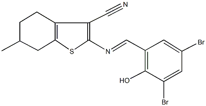 2-[(3,5-dibromo-2-hydroxybenzylidene)amino]-6-methyl-4,5,6,7-tetrahydro-1-benzothiophene-3-carbonitrile Struktur