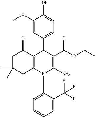 ethyl 2-amino-4-(4-hydroxy-3-methoxyphenyl)-7,7-dimethyl-5-oxo-1-[2-(trifluoromethyl)phenyl]-1,4,5,6,7,8-hexahydro-3-quinolinecarboxylate Struktur