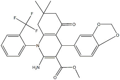 methyl 2-amino-4-(1,3-benzodioxol-5-yl)-7,7-dimethyl-5-oxo-1-[2-(trifluoromethyl)phenyl]-1,4,5,6,7,8-hexahydro-3-quinolinecarboxylate Struktur