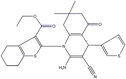 ethyl 2-[2-amino-3-cyano-7,7-dimethyl-5-oxo-4-(3-thienyl)-5,6,7,8-tetrahydro-1(4H)-quinolinyl]-4,5,6,7-tetrahydro-1-benzothiophene-3-carboxylate Struktur