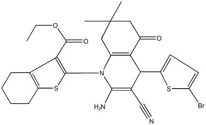 ethyl 2-[2-amino-4-(5-bromo-2-thienyl)-3-cyano-7,7-dimethyl-5-oxo-5,6,7,8-tetrahydro-1(4H)-quinolinyl]-4,5,6,7-tetrahydro-1-benzothiophene-3-carboxylate Struktur