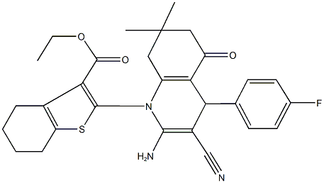 ethyl 2-(2-amino-3-cyano-4-(4-fluorophenyl)-7,7-dimethyl-5-oxo-5,6,7,8-tetrahydro-1(4H)-quinolinyl)-4,5,6,7-tetrahydro-1-benzothiophene-3-carboxylate Struktur